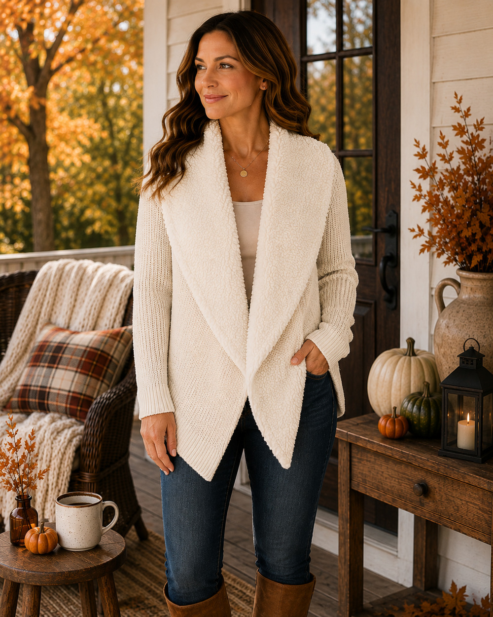 Chelsea & Theodore XL Oyster Plush Mixed Knit Draped Open Front Cardigan